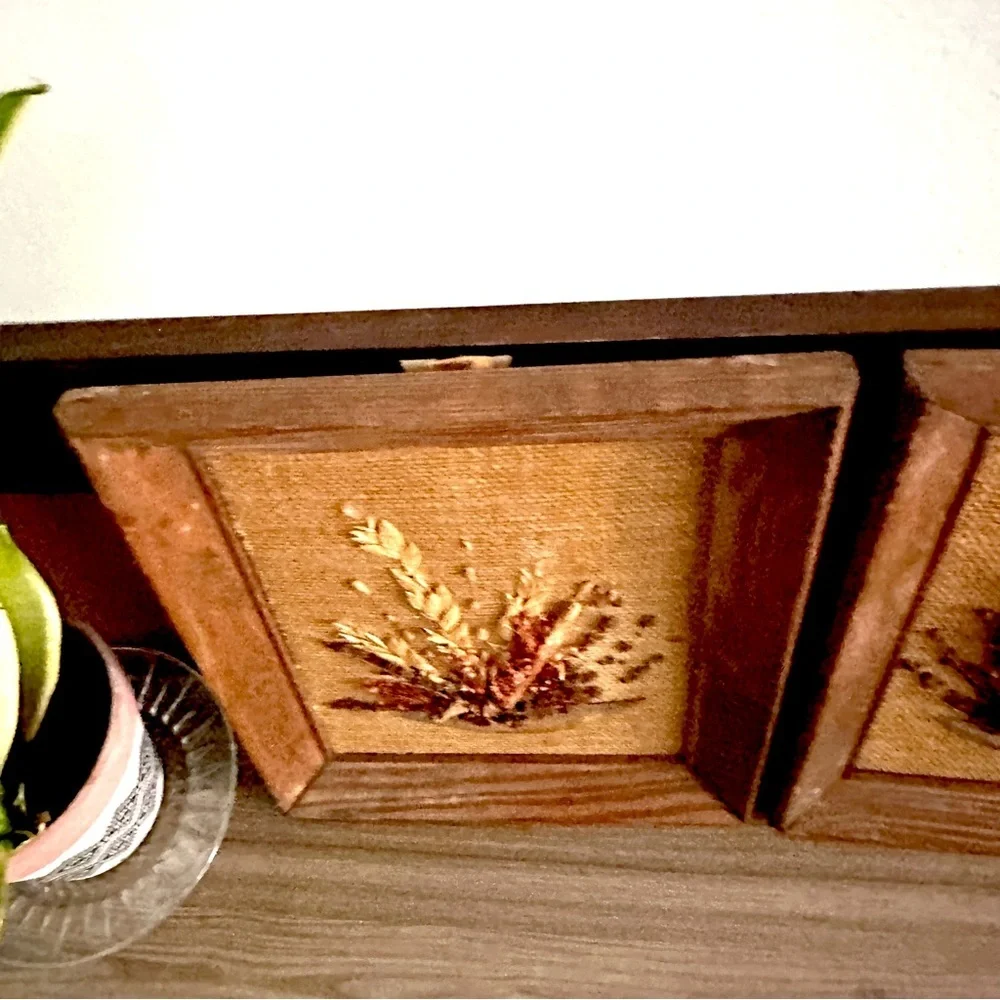 MCM Framed Natural Dried Florals On Burlap By Mallard Frame Wall Hangings Pair